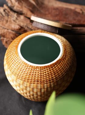 竹编圆形竹丝扣瓷密封茶叶收纳罐