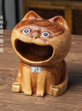 邱师傅竹木大嘴猫手工雕刻招财猫