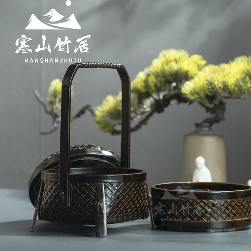 邱峰竹编邱师傅竹木TH004纯手工编织大漆四脚双层小提盒复古提篮 - 图2
