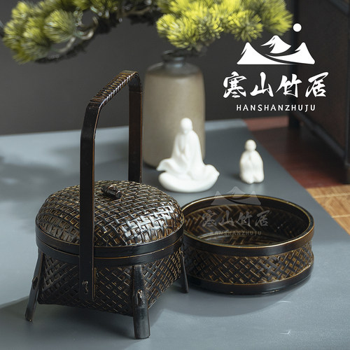 邱峰竹编邱师傅竹木TH004纯手工编织大漆四脚双层小提盒复古提篮 - 图1