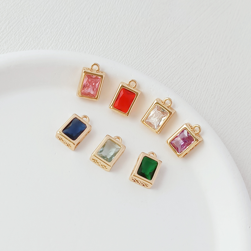 14K包金保色镶彩锆石方块吊坠手工DIY手链项链长方形挂坠饰品配件 - 图1