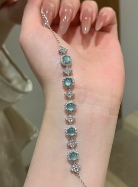 蓝水翡翠手链女款四叶草925纯银轻奢小众百搭送证书礼盒