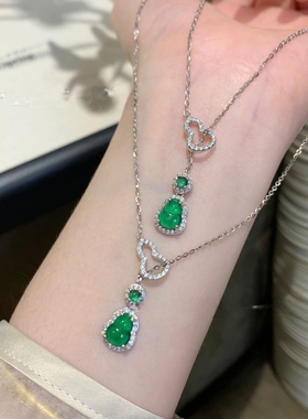 天然危料阳绿葫芦翡翠项坠s925银镶嵌设计款锁骨链套链女送证书