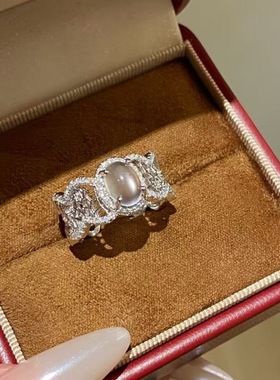 天然水沫玉戒指S925银镶嵌高冰玉石公主风蕾丝新中式礼物