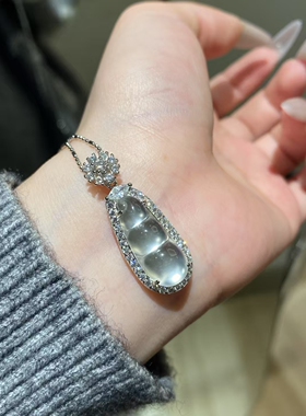 天然高冰水沫玉福豆S925银镶玉石小众高级白搭项链送证书