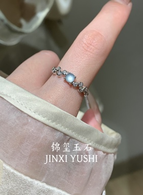 天然危料蓝水翡翠阳绿翡翠戒指女S925纯银新中式国风小众开口戒