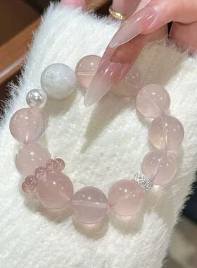 「皑雪星光」天然星光粉水晶+雪花幽灵+草莓晶跑环水晶手串手链女