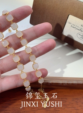 天然和田玉白玉方糖s925银镀k金手链送朋友礼物送证书礼盒