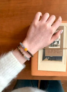 新款天然和田玉烟紫搭配檀木串珠双圈手串新中式复古白搭