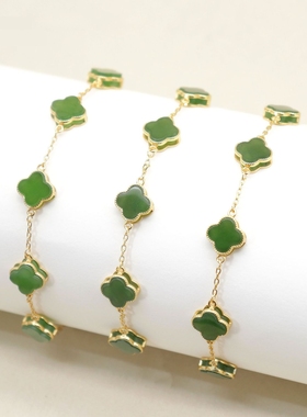 福利价天然碧玉四叶草手链s925纯银镶k金手链带证书颜色深浅不一