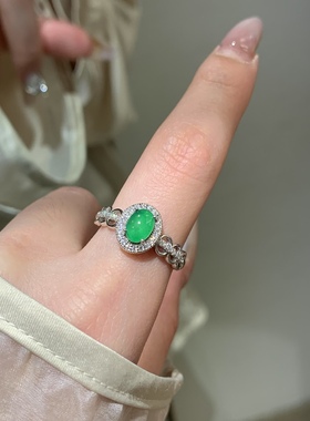 天然阳绿翡翠S925纯银戒指个性时尚简约宝石指环送朋友礼物