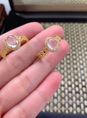 天然石英质玉水沫玉旦形蕾丝花边戒指 S925银 新中式调节戒指