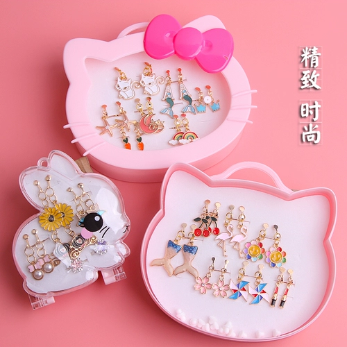 Детские серьги, клипсы, комплект, ювелирное украшение, детская милая подарочная коробка для принцессы, без проколов ушей