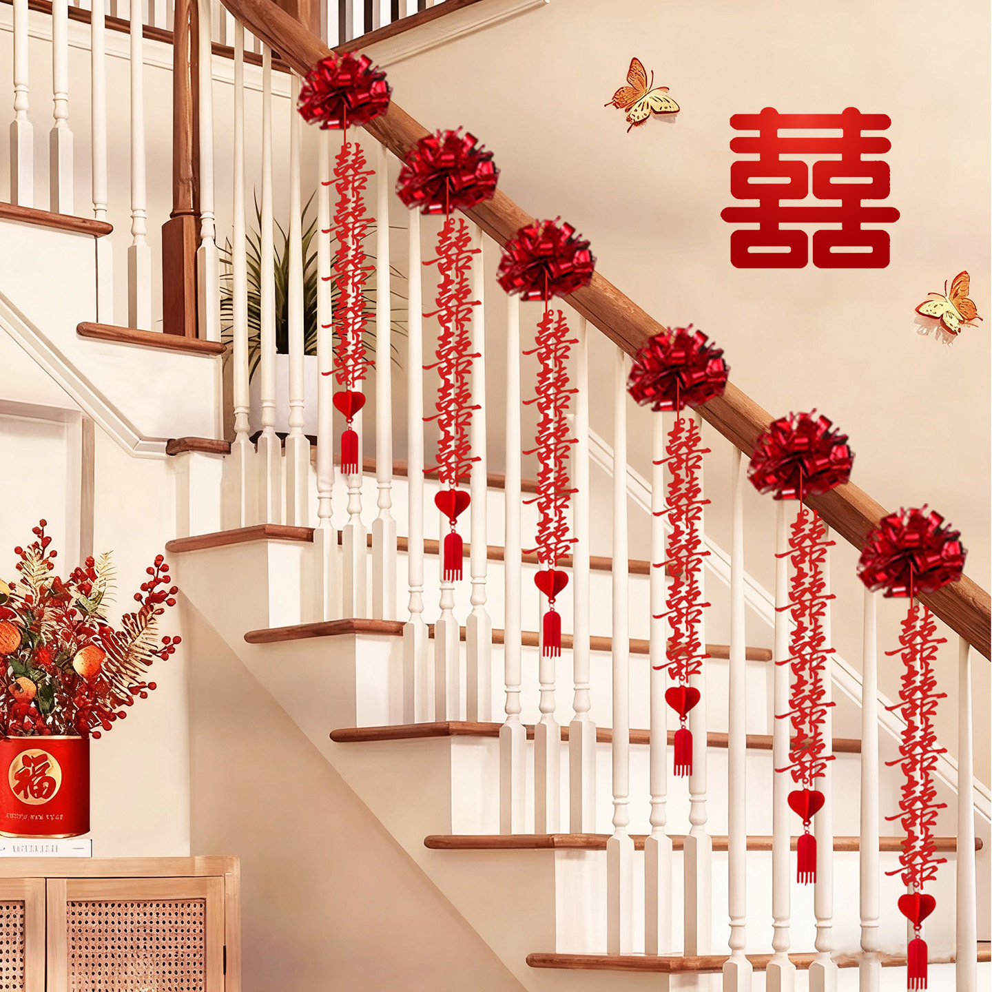 结婚楼梯扶手装饰婚房布置套餐拉花气球护栏扶梯栏杆结婚用品大全,淘宝优惠券,粉丝福利购,淘宝优惠卷