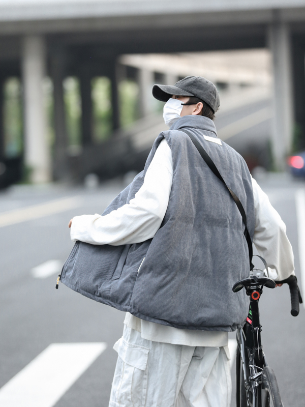 美式灯芯绒无袖坎肩马甲男士秋冬新款宽松休闲背心立领面包服外套