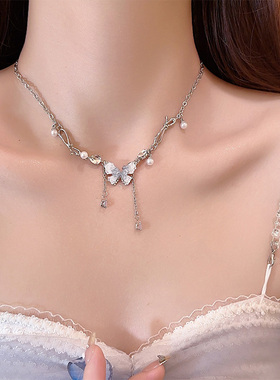 蓝色蝴蝶双层项链精致颈链