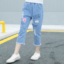 Girl Jeans Summer Straight Drum Seven Pants Thin with Broken Hole Girl Pants 2022 New CUHK Child Casual Pants Tide