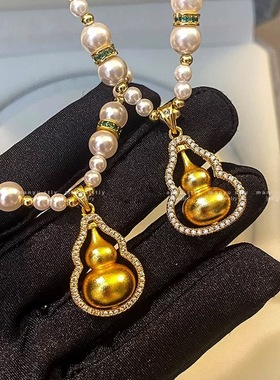 新中式珍珠项链毛衣链轻奢高级感可转动葫芦吊坠转运项链镀24k金