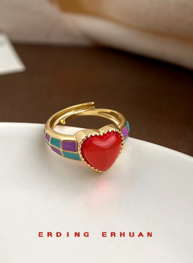 厚镀真金保色夏日新款甜美波西米亚度假风开口可调节滴油心形戒指