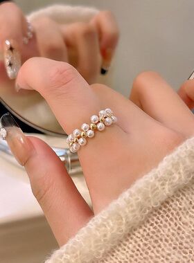 双排珍珠戒指女轻奢小众设计高级感开口戒简约个性时尚指环批发