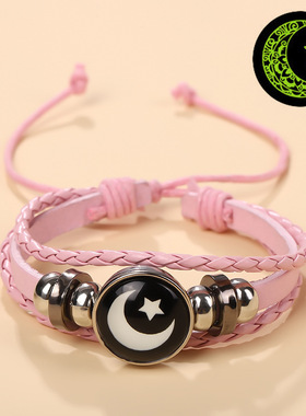 夜光日月恋人时光宝石手链男女通用复古手工多层串珠编织皮革手链