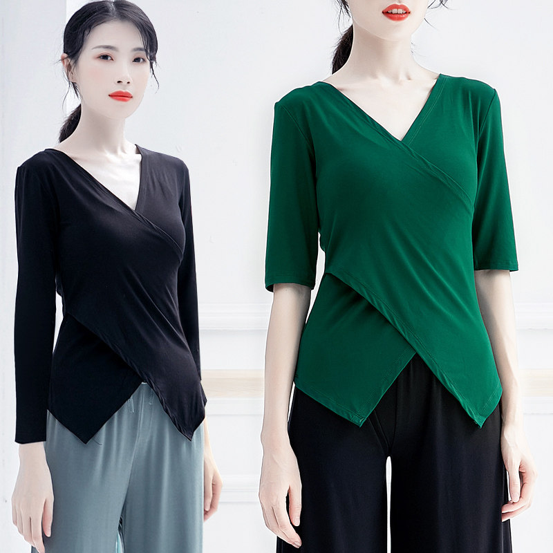 现代舞蹈练功服装女拉丁古典莫代尔开交叉V领瑜伽形体上衣修身T恤