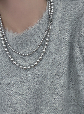可拆分真多麻银灰色双层珍珠项链轻奢大气高档毛衣链女秋冬配饰品