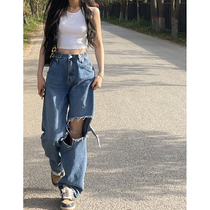 Large size Fat mm Hole Jeans Womens Summer New High Waist Display Slim Loose Straight Drum Wide Pants High Street Ins Tide