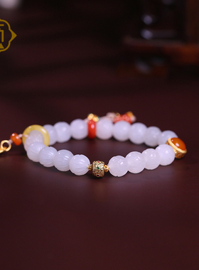 顽石灵 收藏级精雕羊脂白和田玉莲花珠搭配银镀金配饰手串W1-426