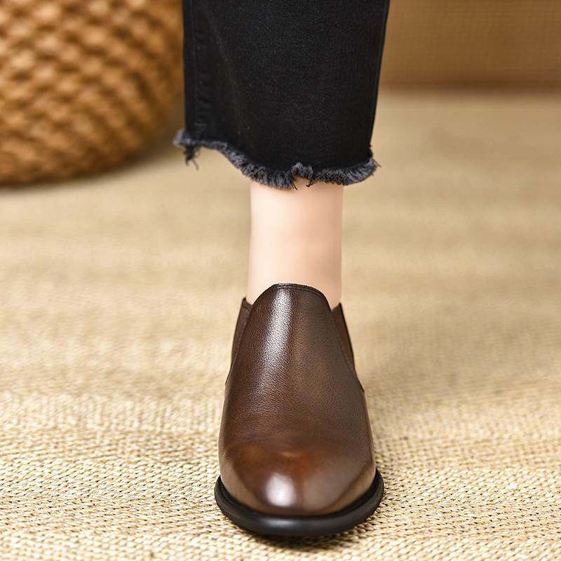 全羊皮断码清仓2.5厘米棕色头层羊皮松紧口圆头平底深口单鞋女,淘宝优惠券,粉丝福利购,淘宝优惠卷