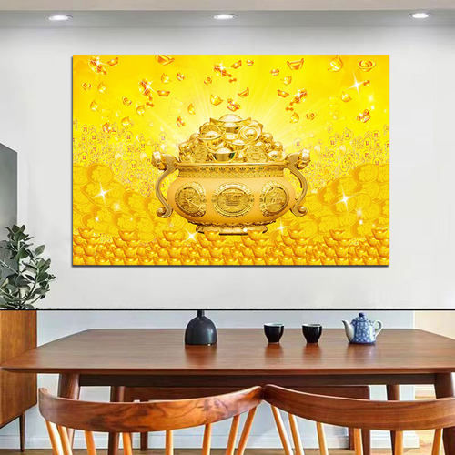 聚宝盆装饰画黄金满地财源滚滚餐厅客厅沙发背景墙挂画金元宝贴画 - 图1