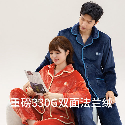 秋鹿冬款情侣法兰绒睡衣女秋冬加厚珊瑚绒保暖家居服套装男士 - 图0