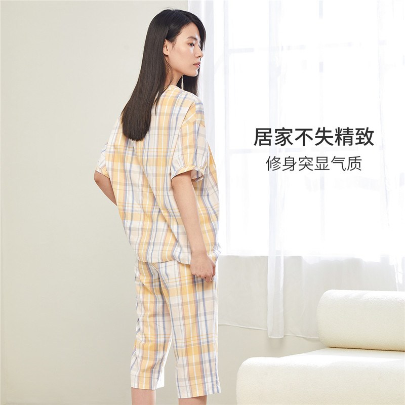 秋鹿秋季格子中年格纹优雅居家睡衣 秋鹿汕头睡衣/家居服套装