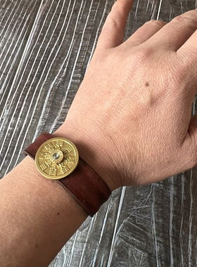 原创纯铜山鬼花钱国风复古真皮手环女男同款本命年手镯