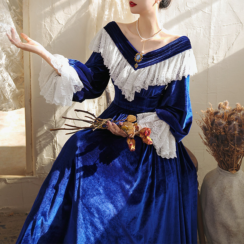 1/4上新 弥爱原创《蓝调月光》宫廷复古丝绒蕾丝束腰礼服连衣裙,淘宝优惠券,粉丝福利购,淘宝优惠卷