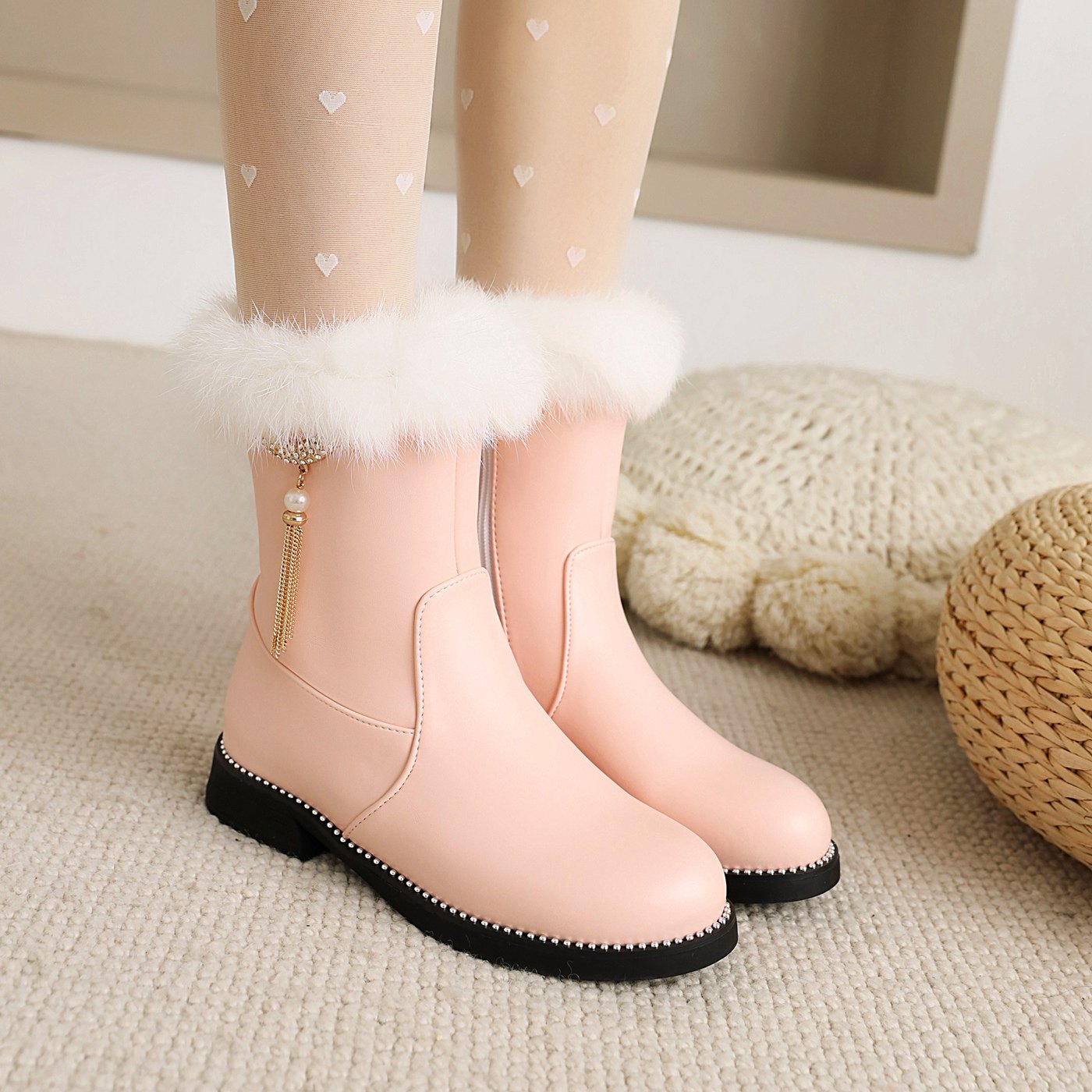 兔毛侧拉链短靴保暖雪地女靴低跟短筒靴冬季新款棉鞋平跟中靴,淘宝优惠券,粉丝福利购,淘宝优惠卷