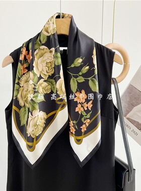 知性繁花黑色真丝丝巾女士秋冬季
