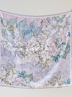 紫色油画风真丝丝巾女桑蚕丝围巾