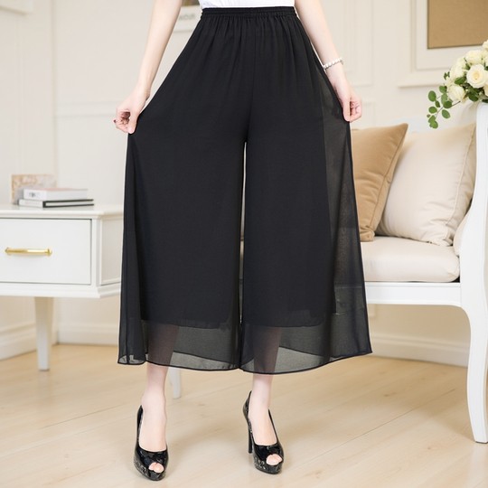 夏女休闲加肥大码宽松中老年妈妈装薄款雪纺加大九分裤阔腿裤裙裤