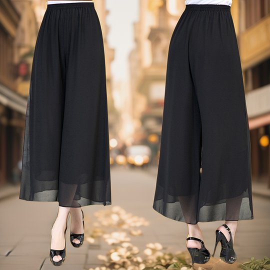 夏女休闲加肥大码宽松中老年妈妈装薄款雪纺加大九分裤阔腿裤裙裤