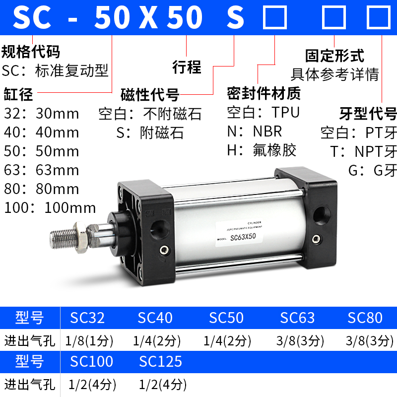 大推力标准气缸小型气动SC125X160-50X100X200-S重型汽缸替亚德客-图2