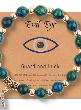 邪恶之眼手链Evil Eye金色隔珠天然石串珠手链绿东陵恶魔之眼手链