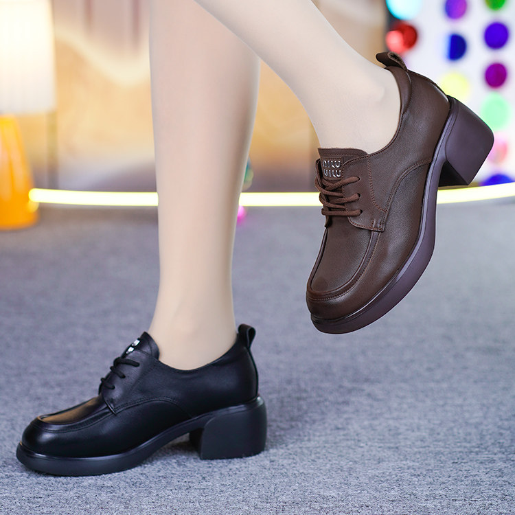 真皮粗跟单鞋女秋季新款头层牛皮一体跟圆头系带软底软面深口单鞋,淘宝优惠券,粉丝福利购,淘宝优惠卷