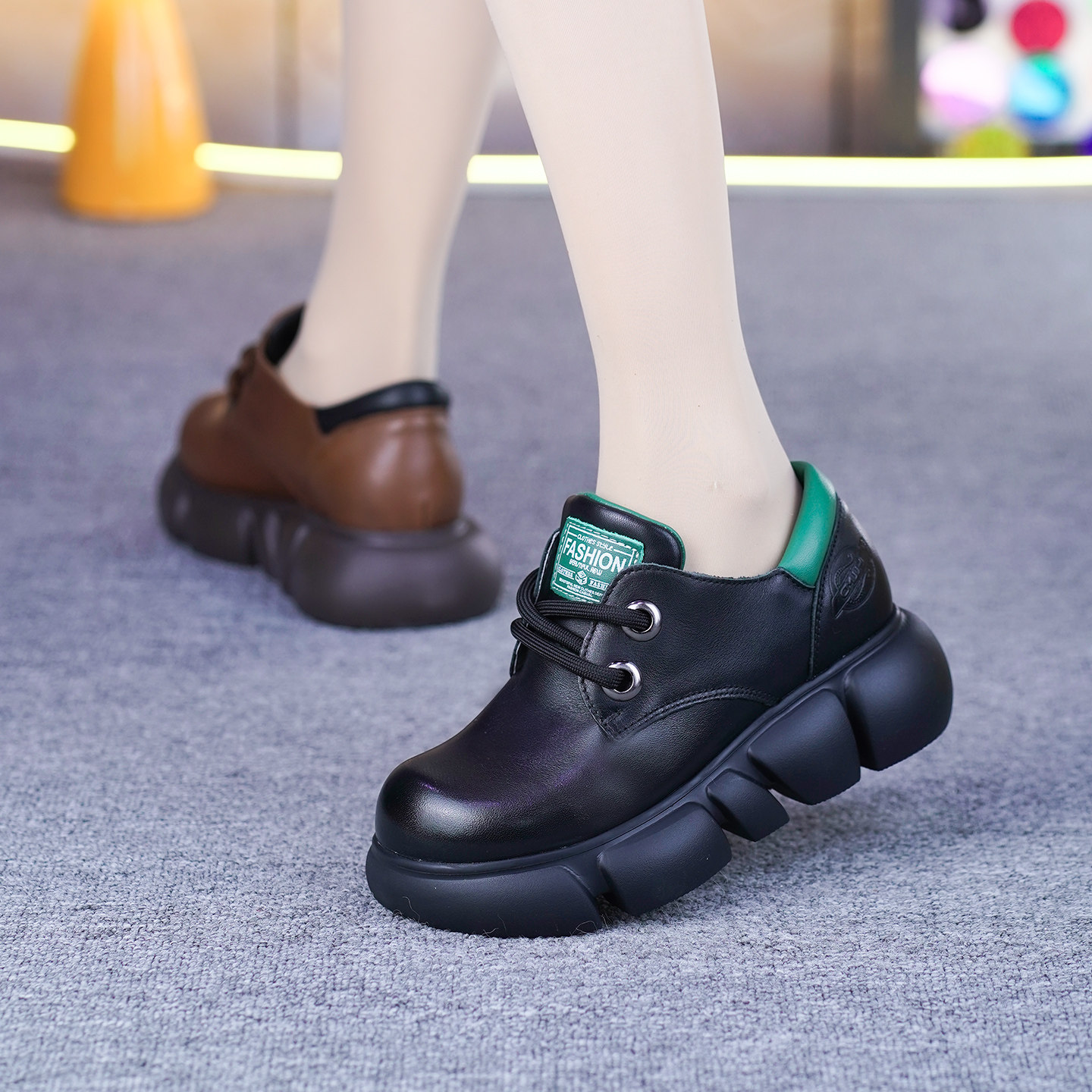 纯牛皮单鞋女春季新款圆头松糕厚底拼色平底真皮系带深口乐福单鞋,淘宝优惠券,粉丝福利购,淘宝优惠卷