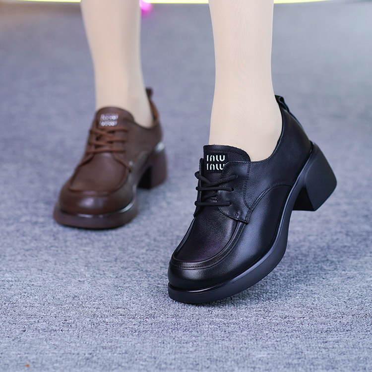 真皮粗跟单鞋女秋季新款头层牛皮一体跟圆头系带软底软面深口单鞋,淘宝优惠券,粉丝福利购,淘宝优惠卷