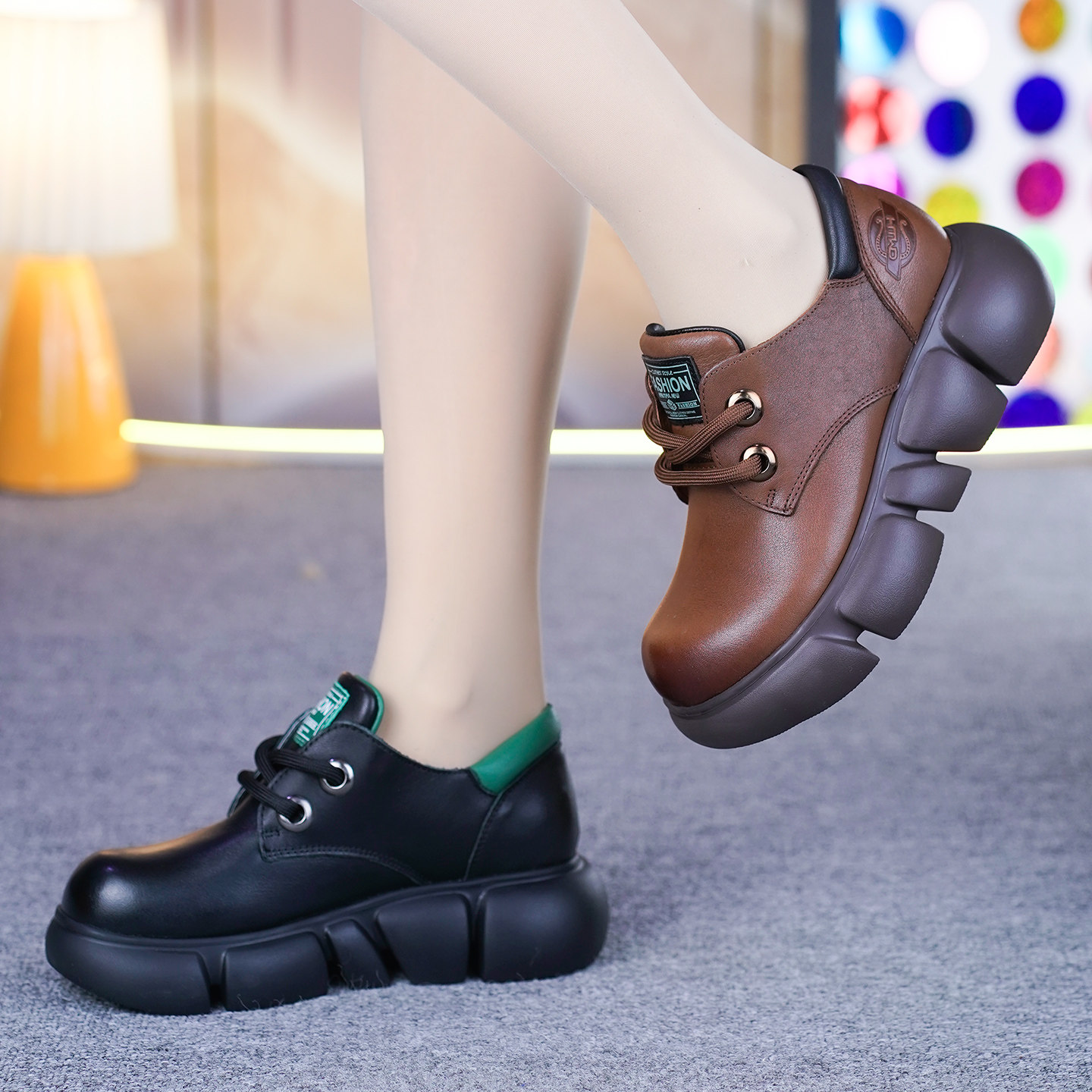 纯牛皮单鞋女春季新款圆头松糕厚底拼色平底真皮系带深口乐福单鞋,淘宝优惠券,粉丝福利购,淘宝优惠卷