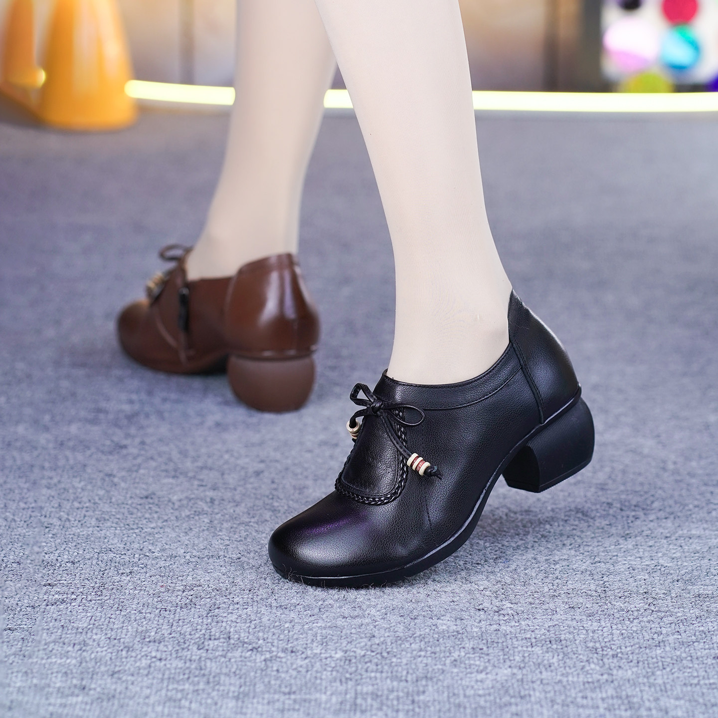 真皮单鞋女春季新款纯牛皮圆头粗跟软底软面中跟小皮鞋深口单鞋,淘宝优惠券,粉丝福利购,淘宝优惠卷