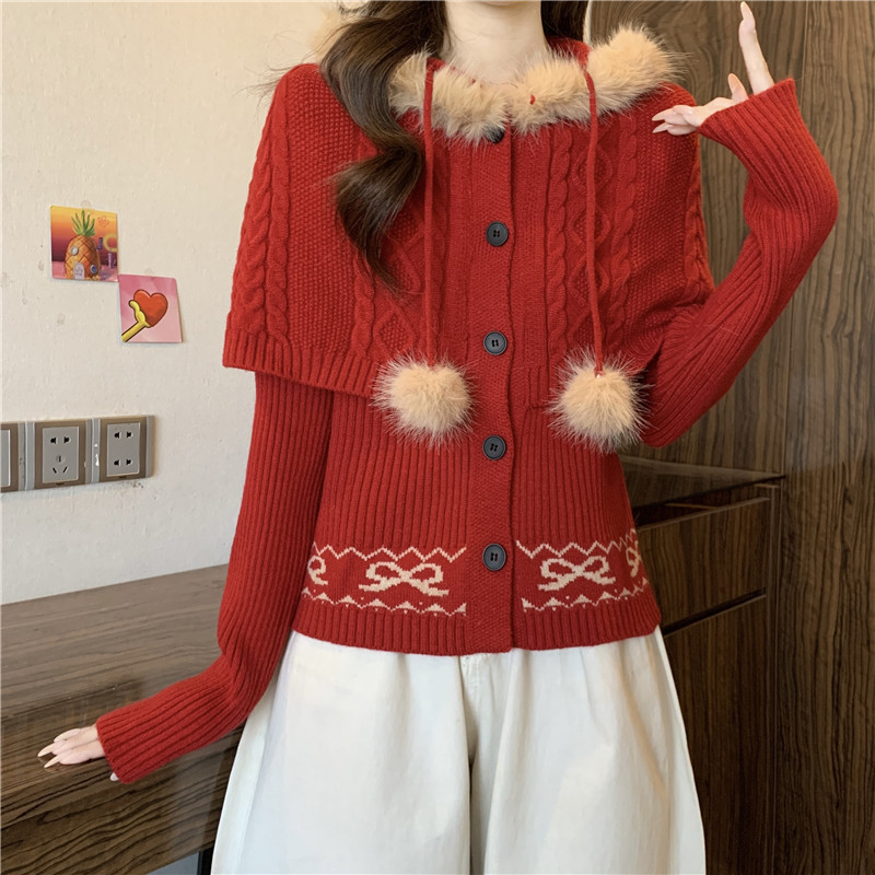 过年红色假两件连帽斗篷毛衣外套女秋冬大码胖mm加厚针织开衫上衣,淘宝优惠券,粉丝福利购,淘宝优惠卷