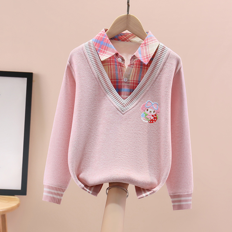 女童毛衣一体绒假两件春秋冬装套头中大童女孩加绒针织条纹打底衫 - 图3