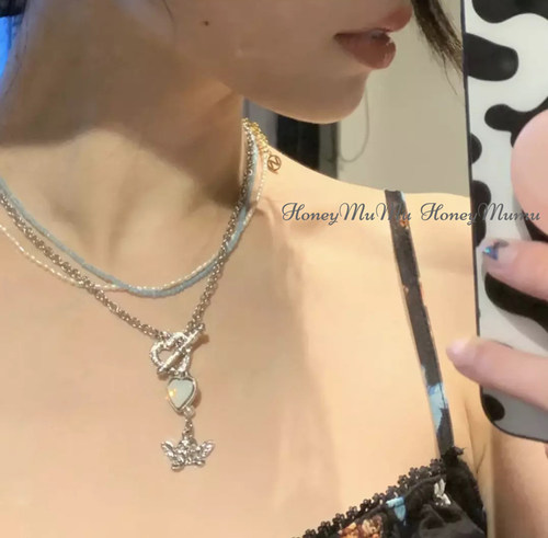 MuMu*韩国4room同款ins小天使珍珠爱心简约酷串珠 项链锁骨链 - 图0